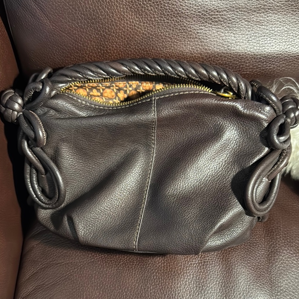 Dark Brown Leather Shoulder Bag with Braided Handle